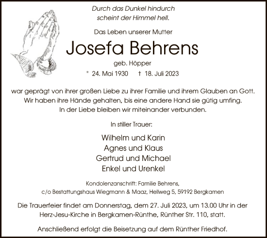 Todesanzeige von Josefa Behrens von WA