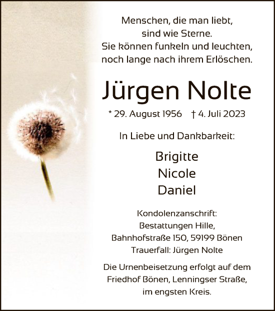 Todesanzeige von Jürgen Nolte von WA