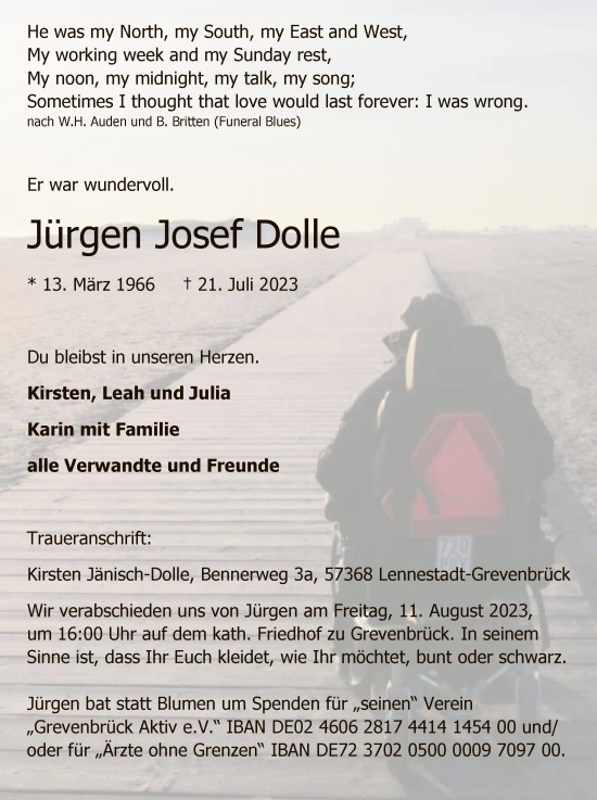 Todesanzeige von Jürgen Josef Dolle von WA