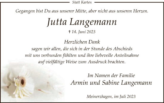 Todesanzeige von Jutta Langemann von WA