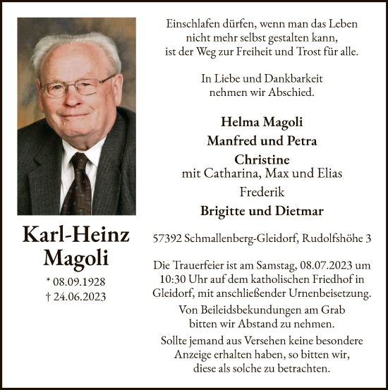 Todesanzeige von Karl-Heinz Magoli von WA