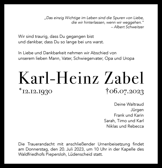 Todesanzeige von Karl Heinz Zabel von WA