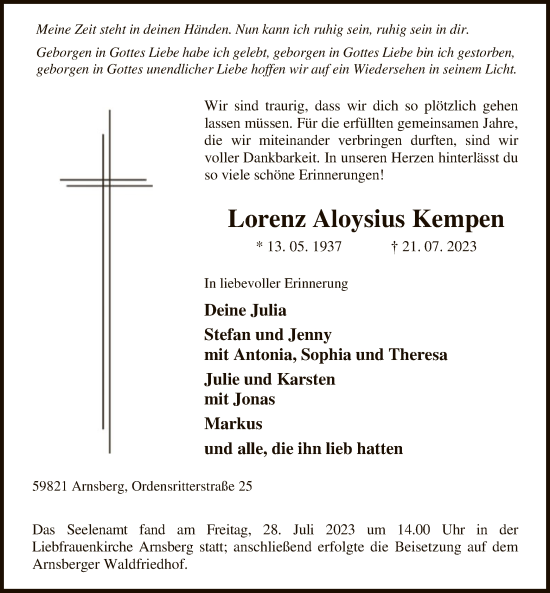 Todesanzeige von Lorenz Aloysius Kempen von WA