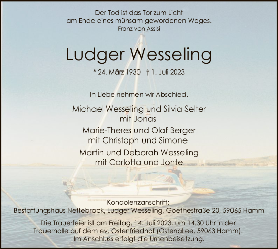 Todesanzeige von Ludger Wesseling von WA