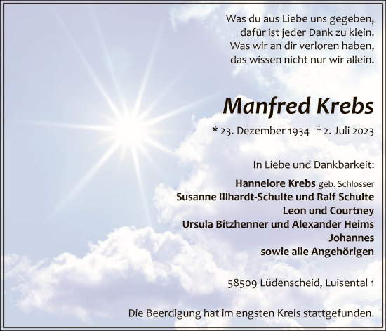 Todesanzeige von Manfred Krebs von WA