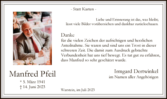 Todesanzeige von Manfred Pfeil von WA