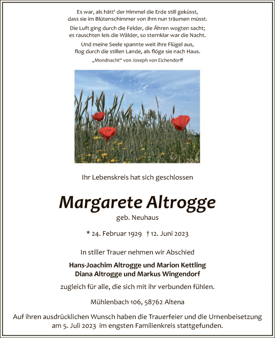 Todesanzeige von Margarete Altrogge von WA