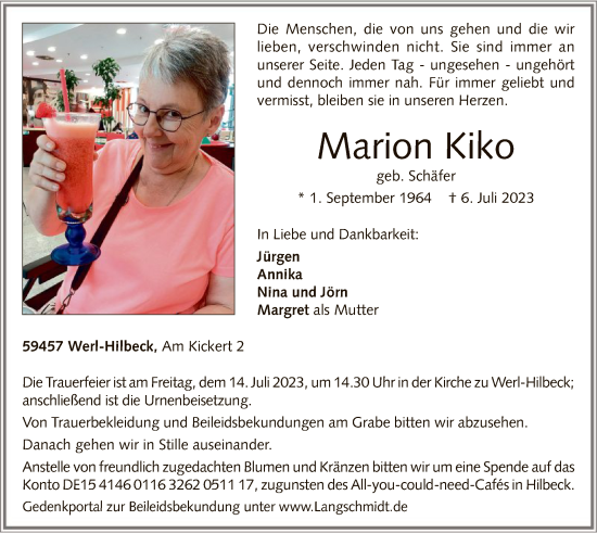 Todesanzeige von Marion Kiko von WA