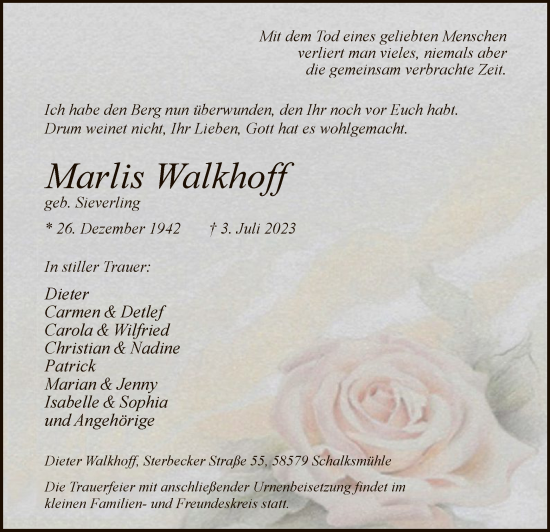 Todesanzeige von Marlis Walkhoff von WA