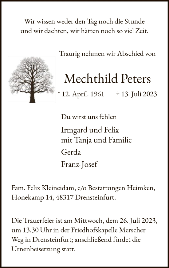 Todesanzeige von Mechthild Peters von WA