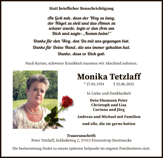 Todesanzeige von Monika Tetzlaff von WA