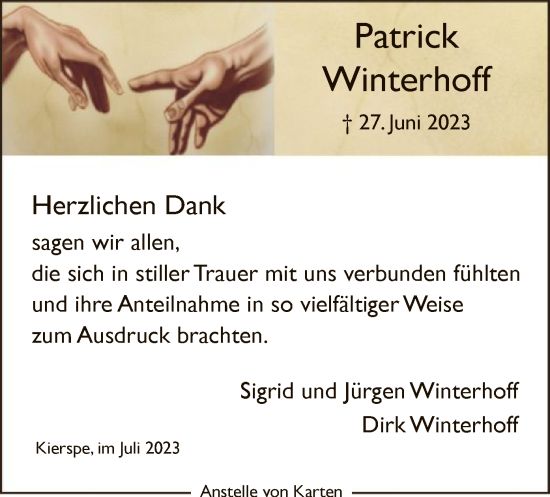 Todesanzeige von Patrick Winterhoff von WA