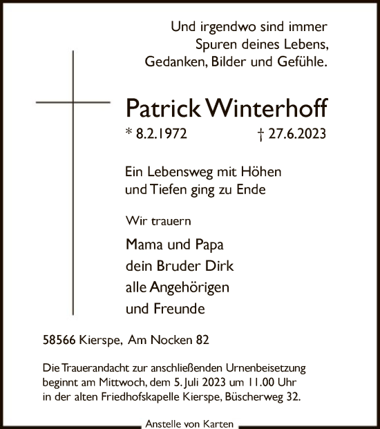 Todesanzeige von Patrick Winterhoff von WA