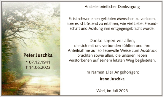 Todesanzeige von Peter Juschka von WA
