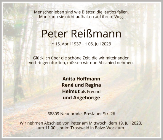 Todesanzeige von Peter Reißmann von WA
