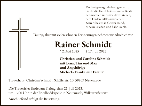 Todesanzeige von Rainer Schmidt von WA