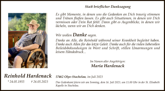 Todesanzeige von Reinhold Hardenack von WA