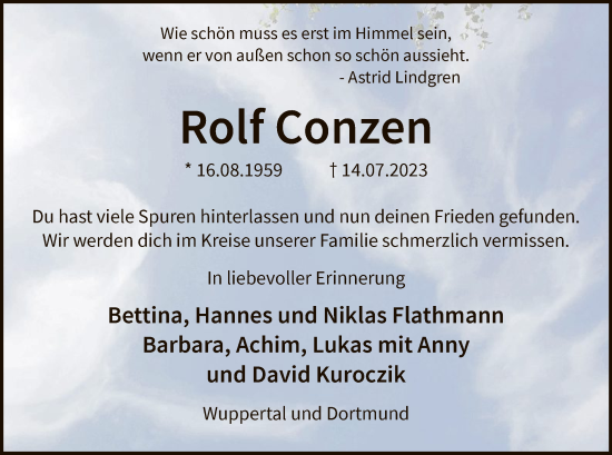 Todesanzeige von Rolf Conzen von WA