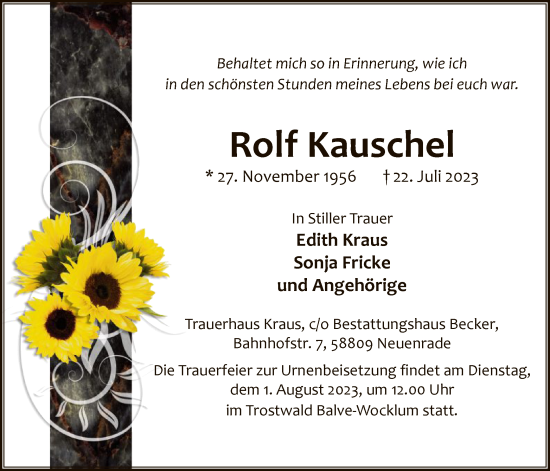 Todesanzeige von Rolf Kauschel von WA