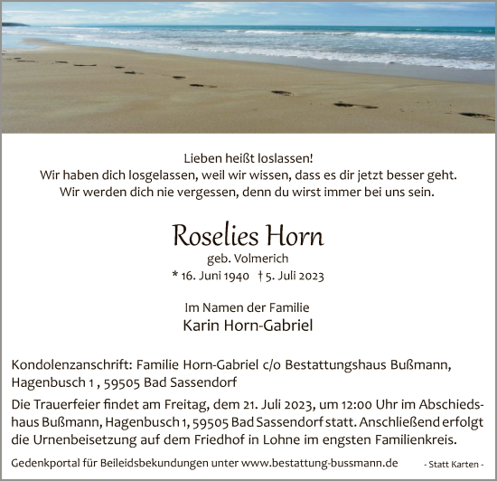 Todesanzeige von Roselies Horn von WA