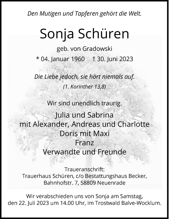 Todesanzeige von Sonja Schüren von WA