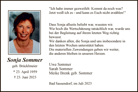 Todesanzeige von Sonja Sommer von WA