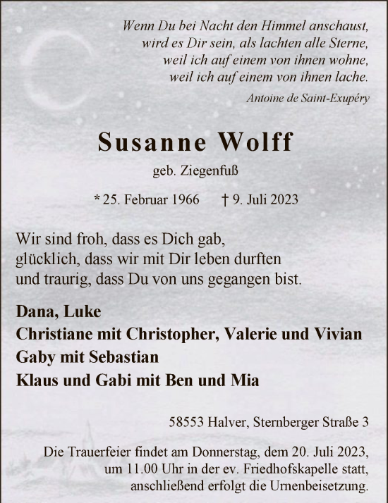 Todesanzeige von Susanne Wolff von WA