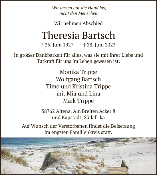 Todesanzeige von Theresia Bartsch von WA