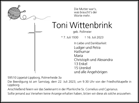 Todesanzeige von Toni Wittenbrink von WA
