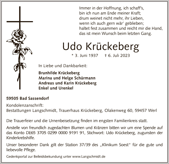 Todesanzeige von Udo Krückeberg von WA