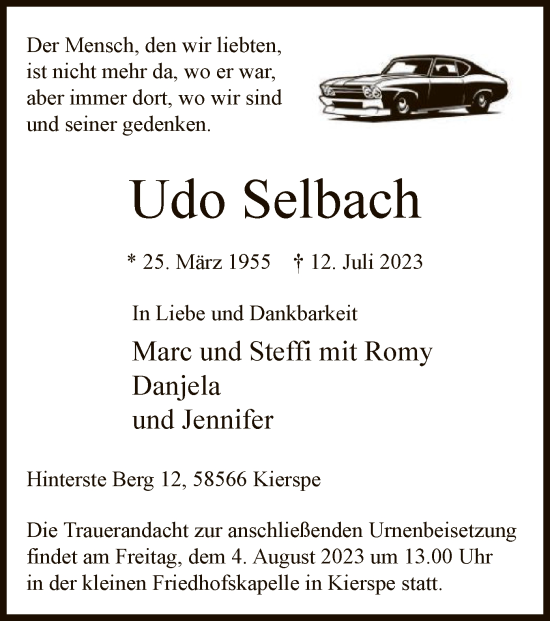 Todesanzeige von Udo Selbach von WA