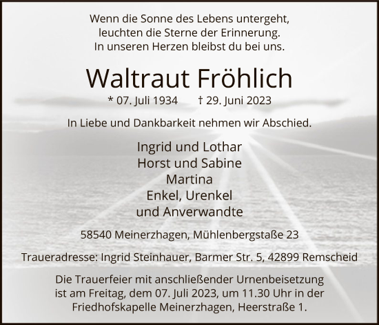 Todesanzeige von Waltraut Fröhlich von WA