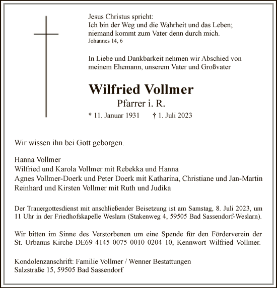 Todesanzeige von Wilfried Vollmer von WA