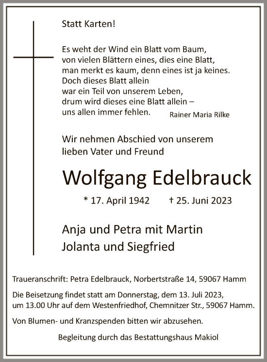 Todesanzeige von Wolfgang Edelbrauck von WA