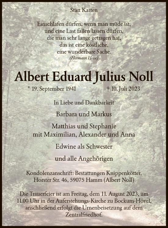 Todesanzeige von Albert Eduard Julius Noll von WA