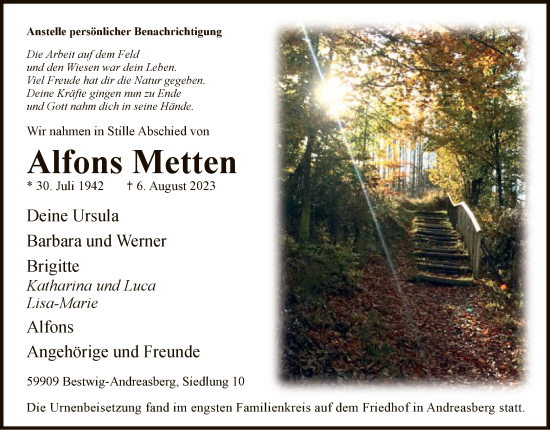 Todesanzeige von Alfons Metten von WA