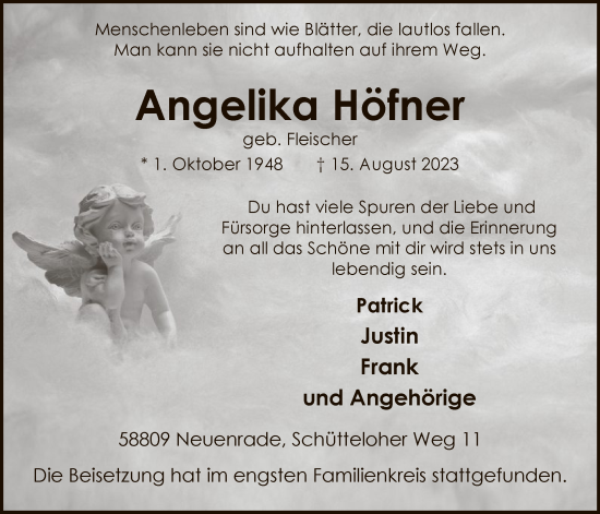 Todesanzeige von Angelika Höfner von WA