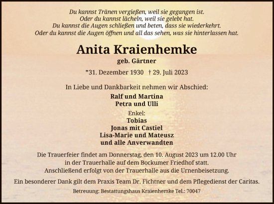 Todesanzeige von Anita Kraienhemke von WA