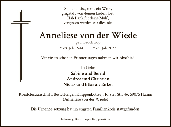 Todesanzeige von Anneliese von der Wiede von WA