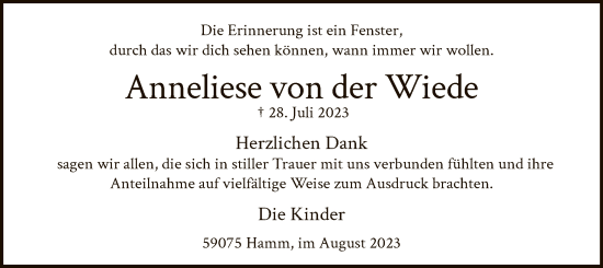 Todesanzeige von Anneliese von der Wiede von WA
