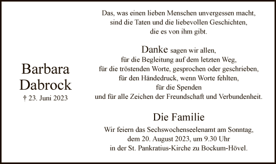 Todesanzeige von Barbara Dabrock von WA