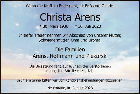 Todesanzeige von Christa Arens von WA