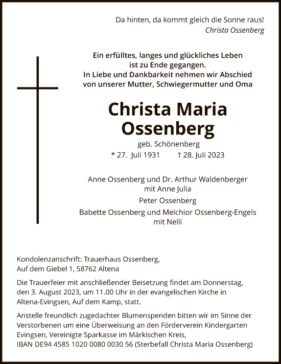 Todesanzeige von Christa Maria Ossenberg von WA