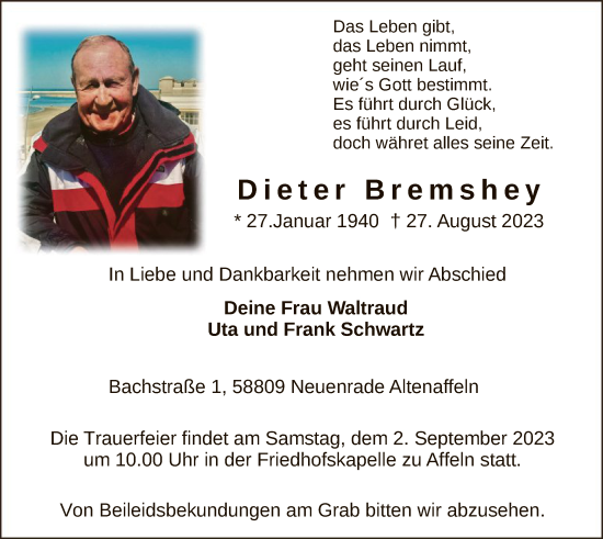 Todesanzeige von Dieter Bremshey von WA
