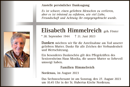Todesanzeige von Elisabeth Himmelreich von WA