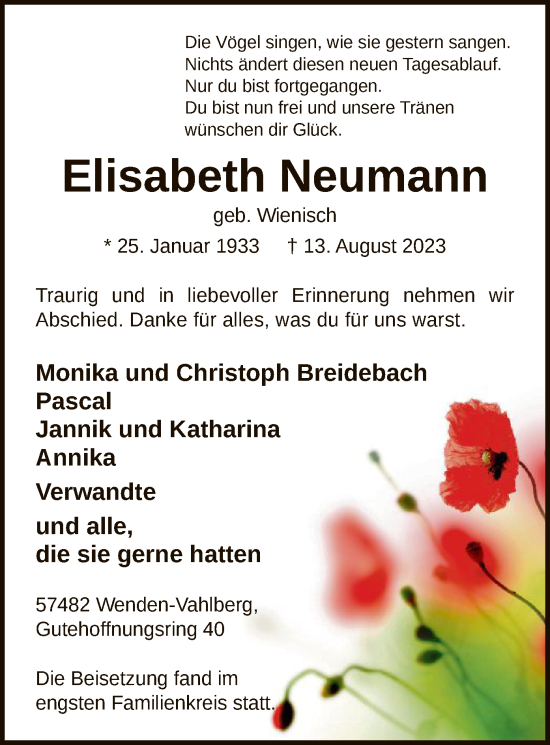 Todesanzeige von Elisabeth Neumann von WA