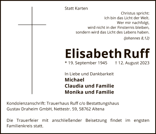 Todesanzeige von Elisabeth Ruff von WA