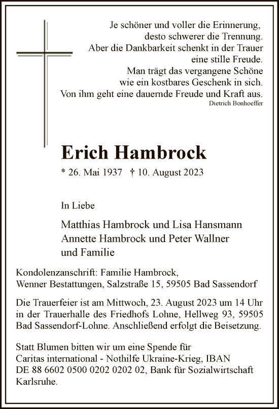 Todesanzeige von Erich Hambrock von WA