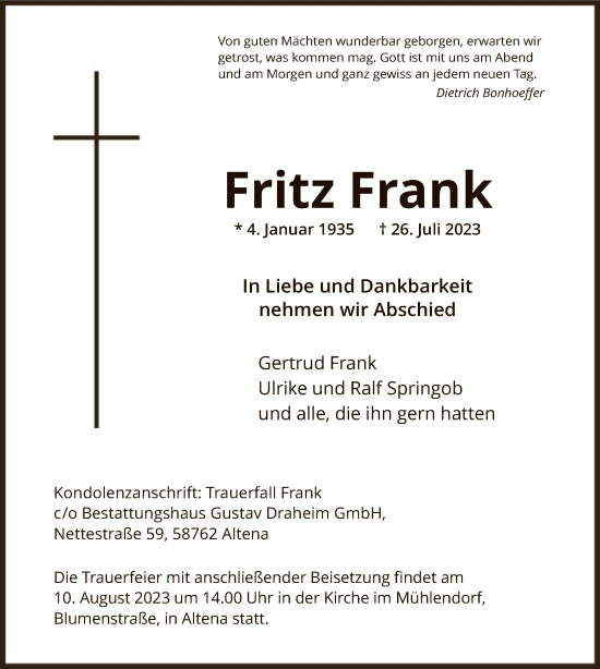Todesanzeige von Fritz Frank von WA
