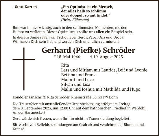 Todesanzeige von Gerhard Schröder von WA